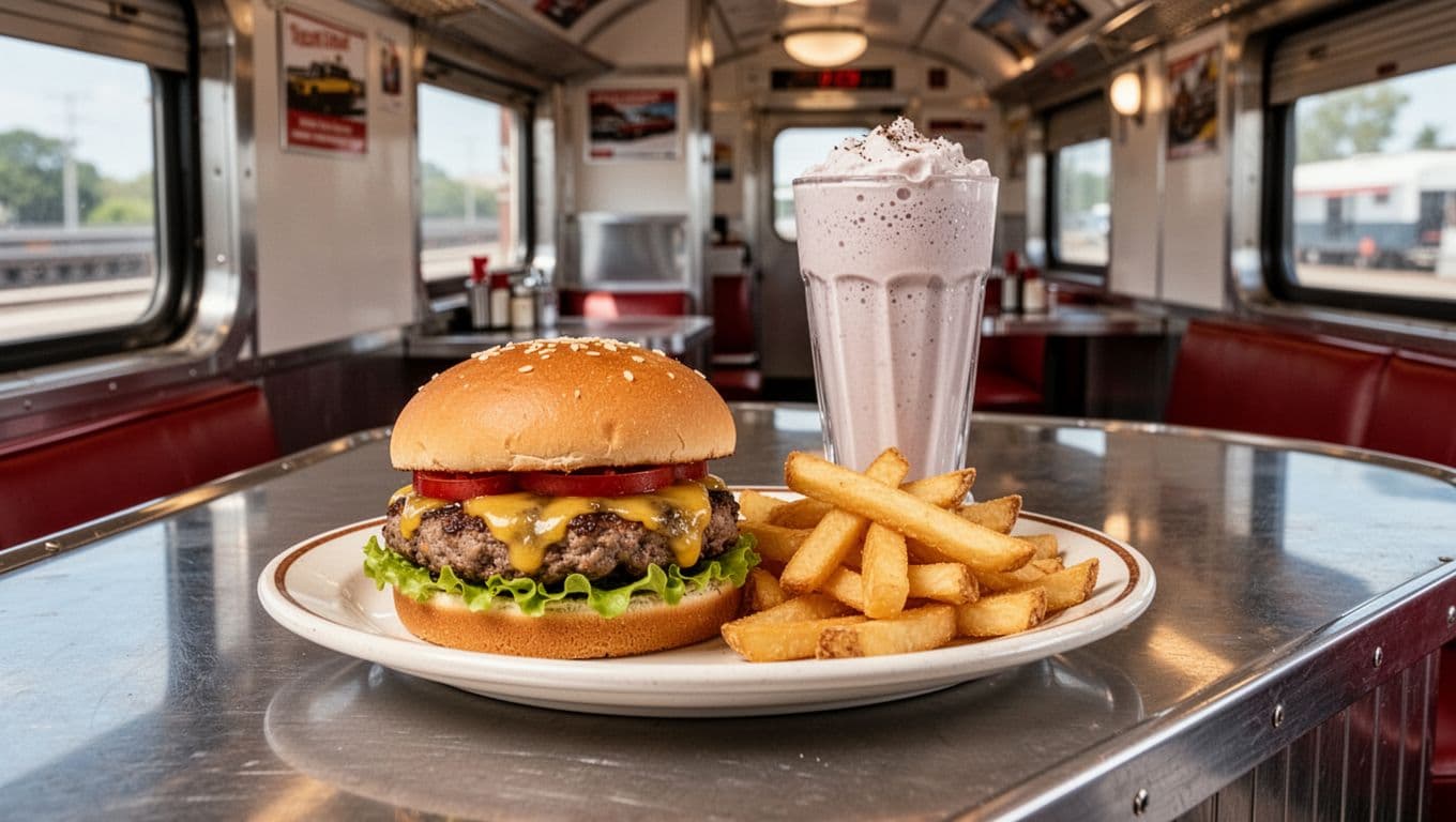 Smashburger, fries, and thick milkshake on train car diner counter under green 'ROAD TRIP DINER' headline band.