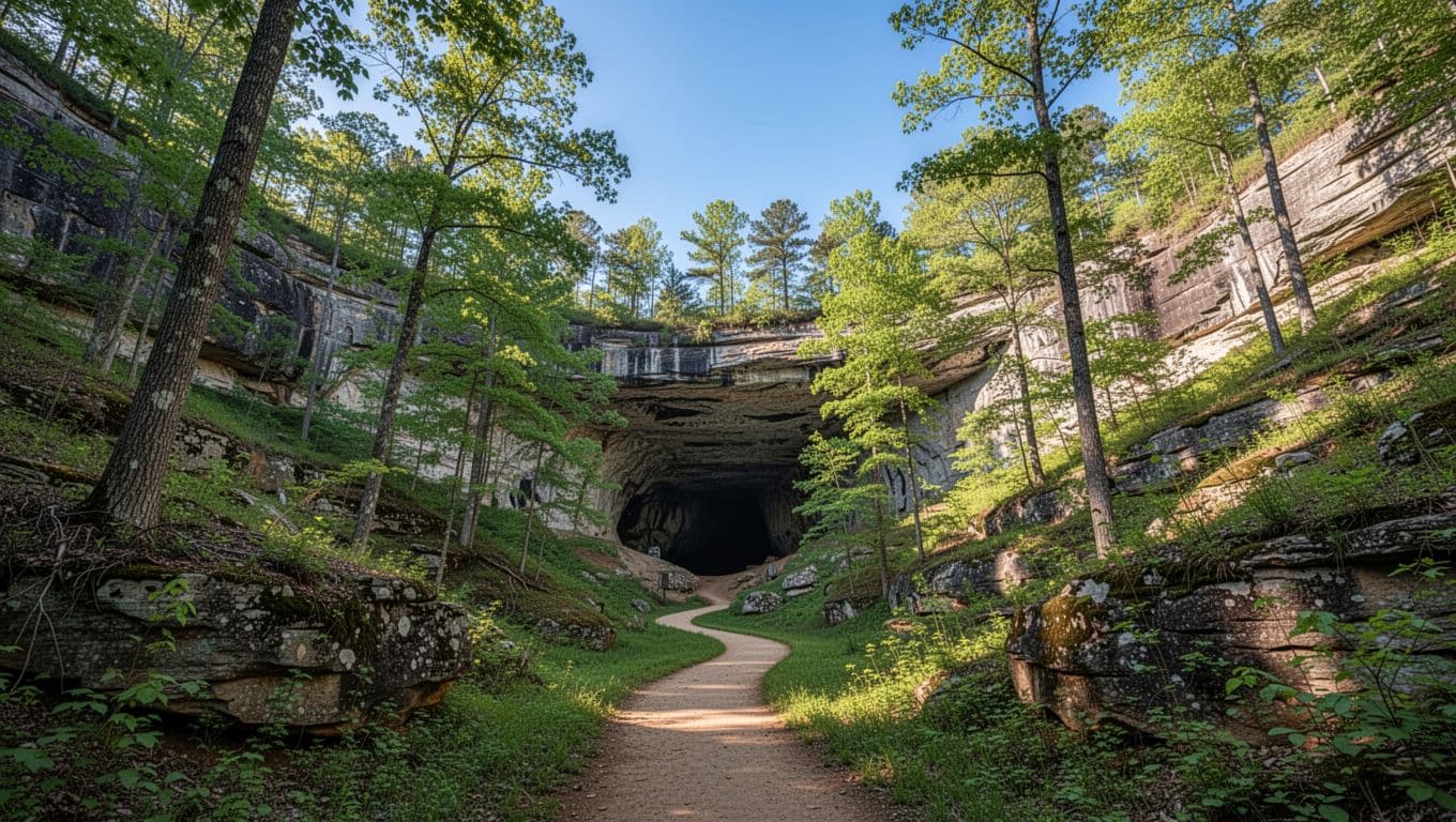 Scenic wide-angle landscape of DeSoto Caverns entrance in Alabama, with rocky hills, trees, pathway to cave mouth, vibrant green foliage, soft sunlight, and blue sky. Features a bold green header band 'Nearby Caverns' at the top in Title Case Montserrat Black font.