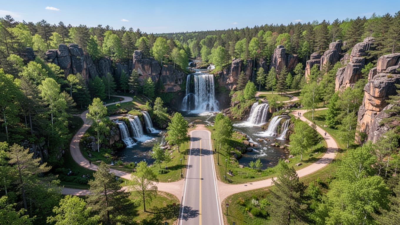 Aerial view of DeSoto State Park waterfalls and trails in Alabama, featuring lush green forests, rocky cliffs under a clear blue sky, with the park entrance road leading in, photorealistic style.