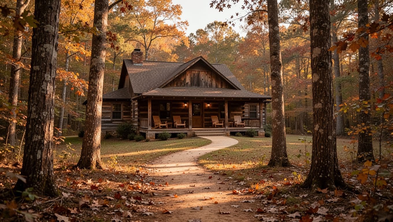 Rustic wooden lodge building at DeSoto State Park near Little River Canyon, Alabama, with porch chairs, forest backdrop, trail to entrance, captured in realistic wide shot during autumn golden hour lighting.
