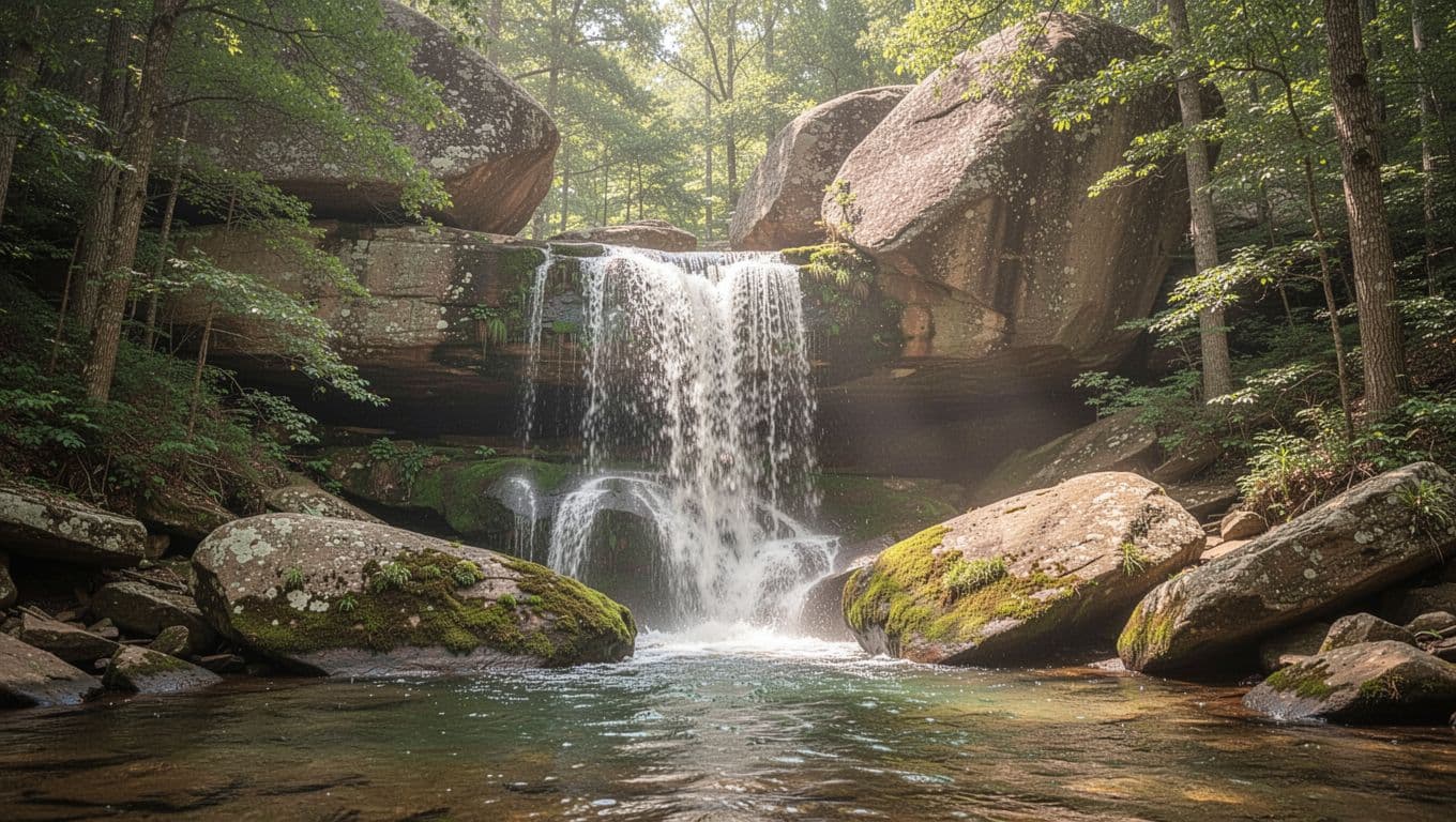 Cascading waterfall in DeSoto State Park, Alabama, over rocks into a clear pool amid mossy boulders and dense forest with sunlight through the canopy. Bold branded style with green top band and 'Park Trails' headline.
