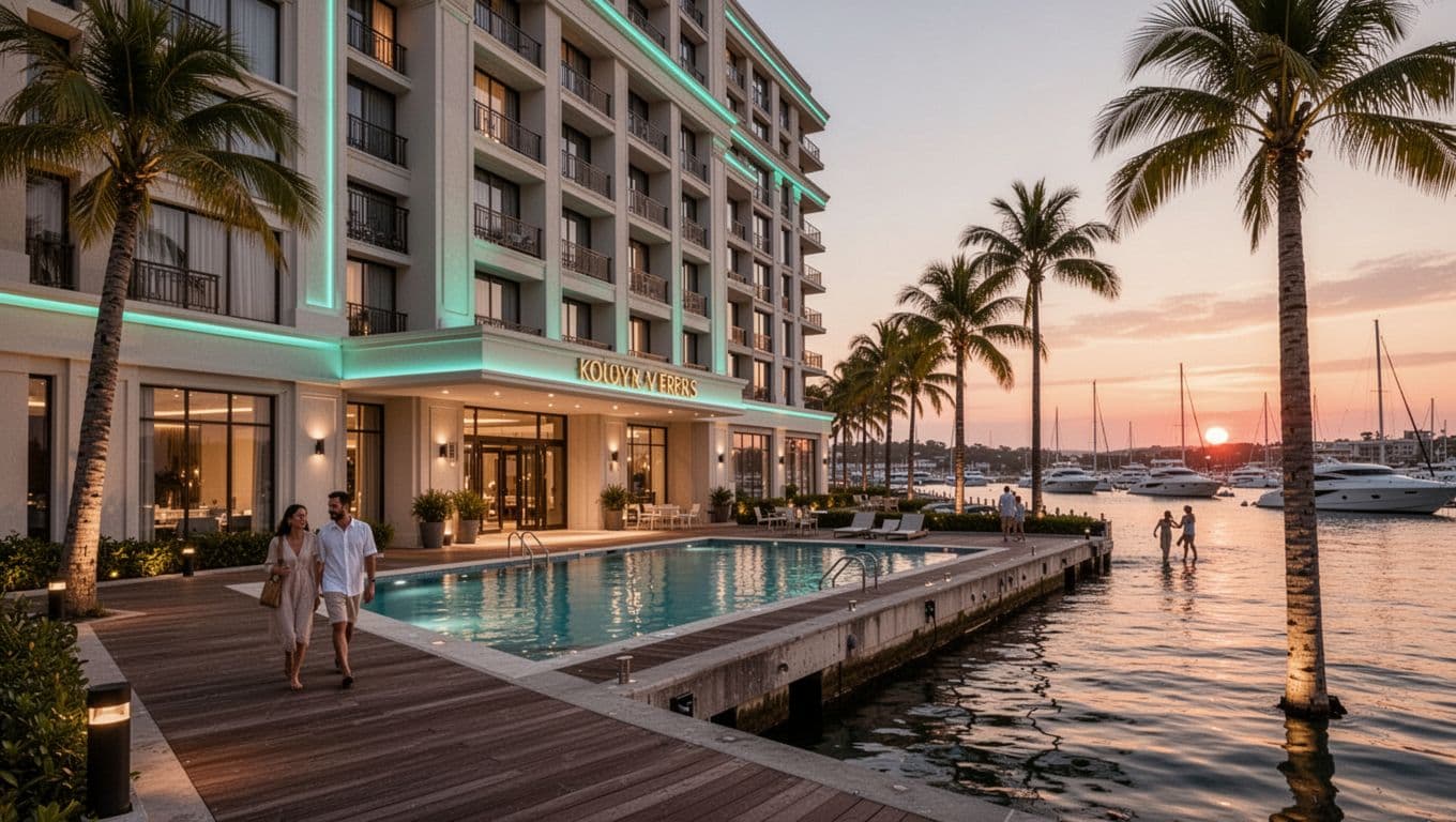 Photorealistic landscape view of a waterfront hotel on Destin Harbor Boardwalk at dusk, showcasing the entrance, pool area, palm trees, boats, and distant figures under warm sunset lighting.