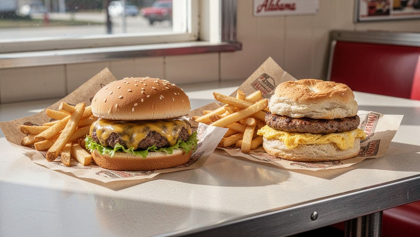 Cheeseburger with melted cheese and fries beside sausage biscuit sandwich on paper wrappers on Formica counter under green 'Diner Choices' headline band.