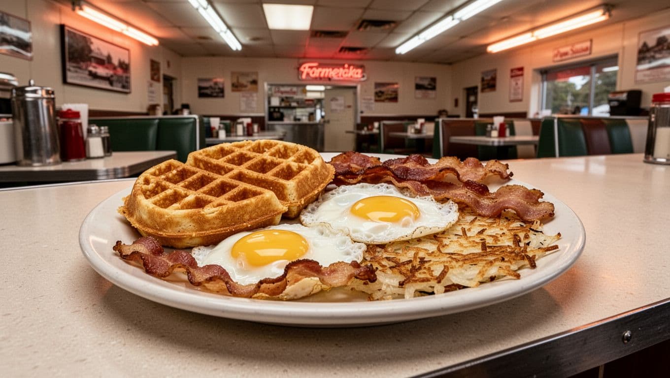 Centered plate of waffles, eggs, bacon, and hashbrowns on Formica diner table under green Diner Classic banner.