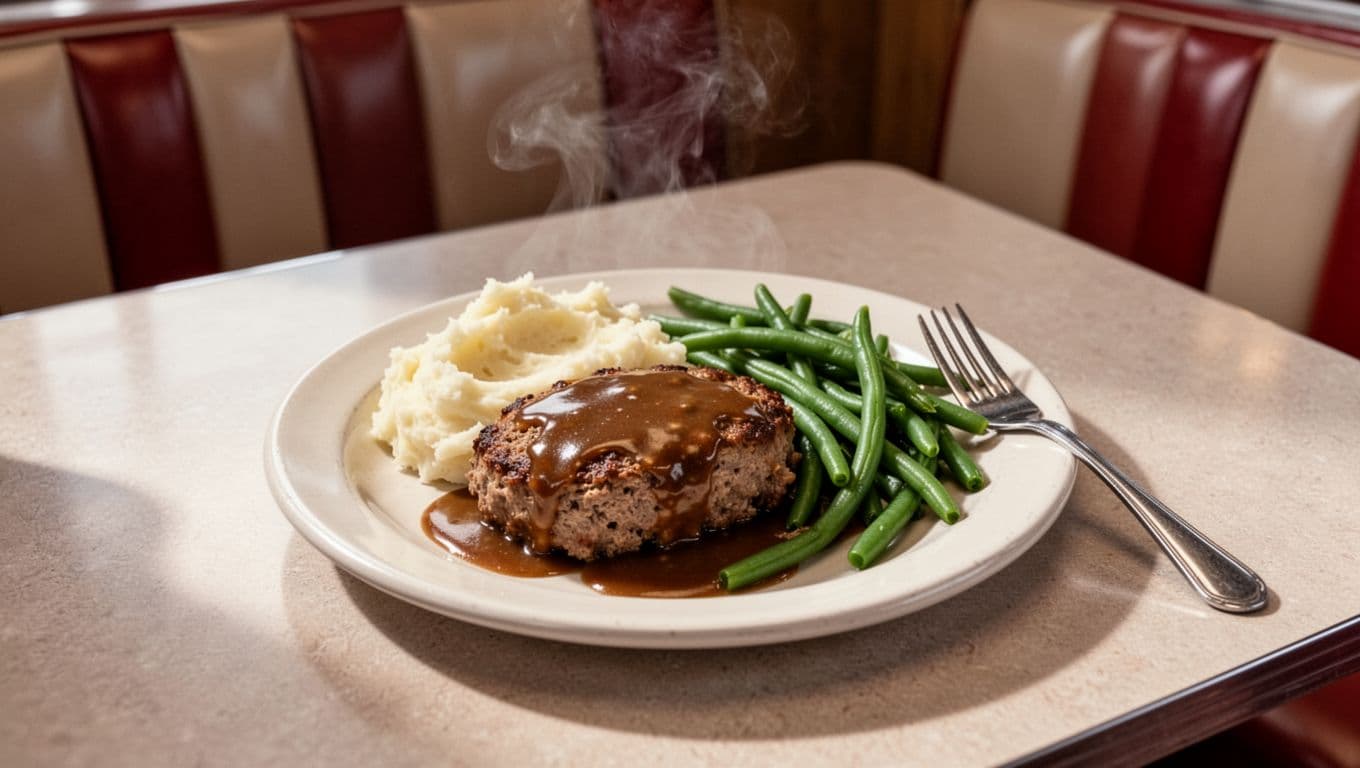 Photorealistic overhead view of a single plate of meatloaf with mashed potatoes, green beans, and gravy on a Formica table in a cozy diner booth, topped with 'Diner Classics' headline in green band.