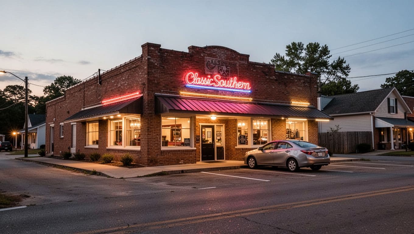 Classic Southern restaurant building at dusk with neon sign, one parked car in lot, warm window glow, and top 'DINNER SPOTS' headline in green band.