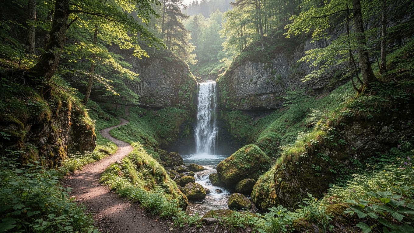 Deep green canyon with waterfall and trails in Winston County, Alabama, Dismals Canyon style, mossy rocks and sunlight filtering through trees, wide landscape view from overlook in photorealistic vibrant natural lighting.