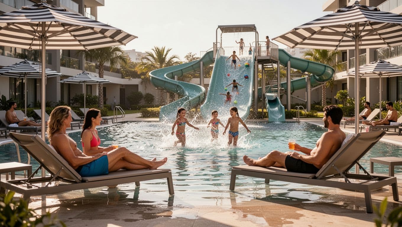 A vibrant modern Disney resort pool area shows two families—four adults and four kids—swimming, splashing, and relaxing on lounge chairs under sunny afternoon skies, with slides and umbrellas in the background, topped by a bold 'Pool Time' headline on a green band.