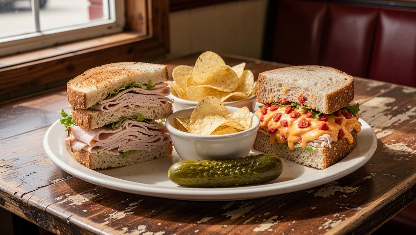 Sandwich platter with turkey club, pimento cheese, chips, and pickle on cafe table under Dixie Den banner.
