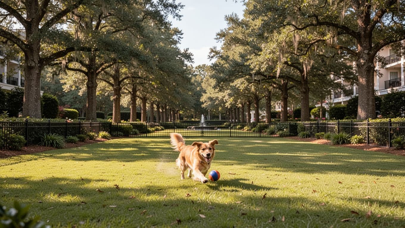 Sunny landscape of a pet-friendly hotel yard in Shelby County, Alabama, featuring a grassy area, fence, trees in background, and one dog playing, topped with 'Pet-Friendly Picks' headline band.
