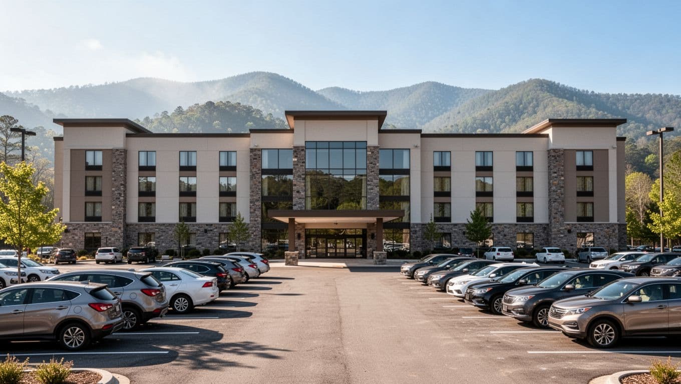 Modern hotel exterior in Pigeon Forge, Tennessee, near Dollywood on a sunny day with Smoky Mountains backdrop, featuring free parking lot with family cars and welcoming entrance.