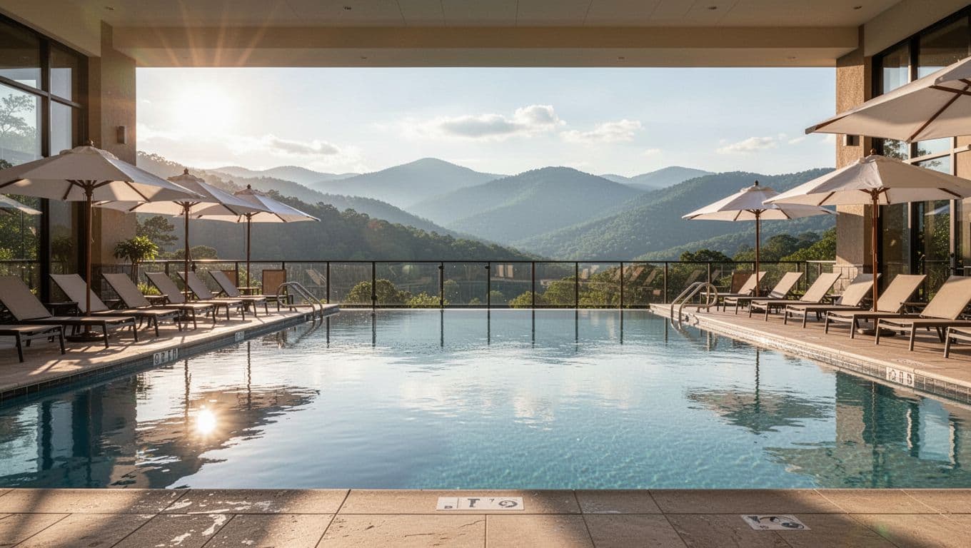 Indoor-outdoor poolside area at a family hotel near Dollywood in Pigeon Forge, with empty lounge chairs, umbrellas, calm water surface, and Smoky Mountains view under sunny afternoon light. Features bold 'Pool Amenities' headline in emerald green band across the top.