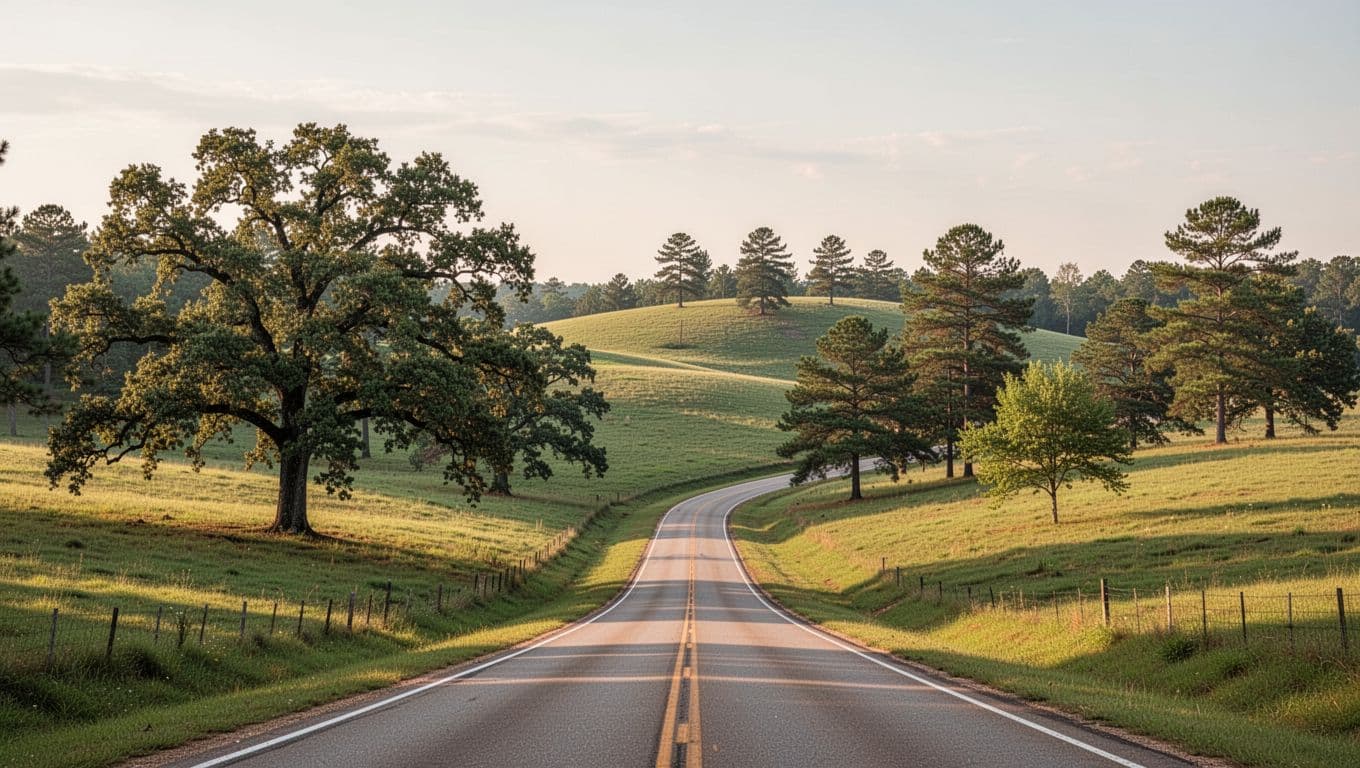 Scenic view of rural Alabama landscape near Dora in Walker County, with rolling hills, trees, and a small town road on a clear day. Features a bold green header band with 'Dora Area' headline over warm earth-toned focal scenery.