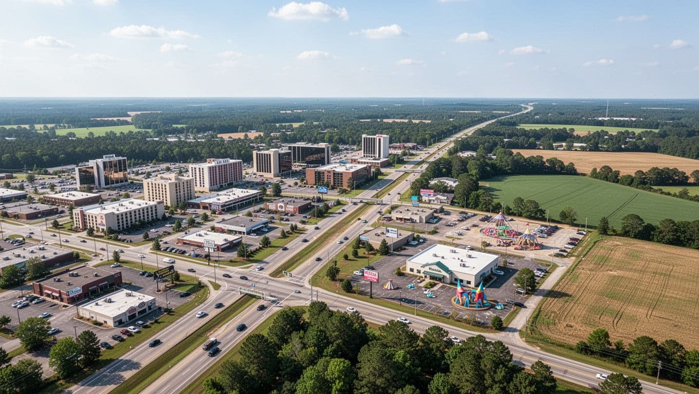 Aerial view of Dothan, Alabama cityscape with hotels and highways near Kinsey in Houston County, showcasing roads, medical centers, attractions, and the urban-rural edge under a clear daytime sky with natural lighting.