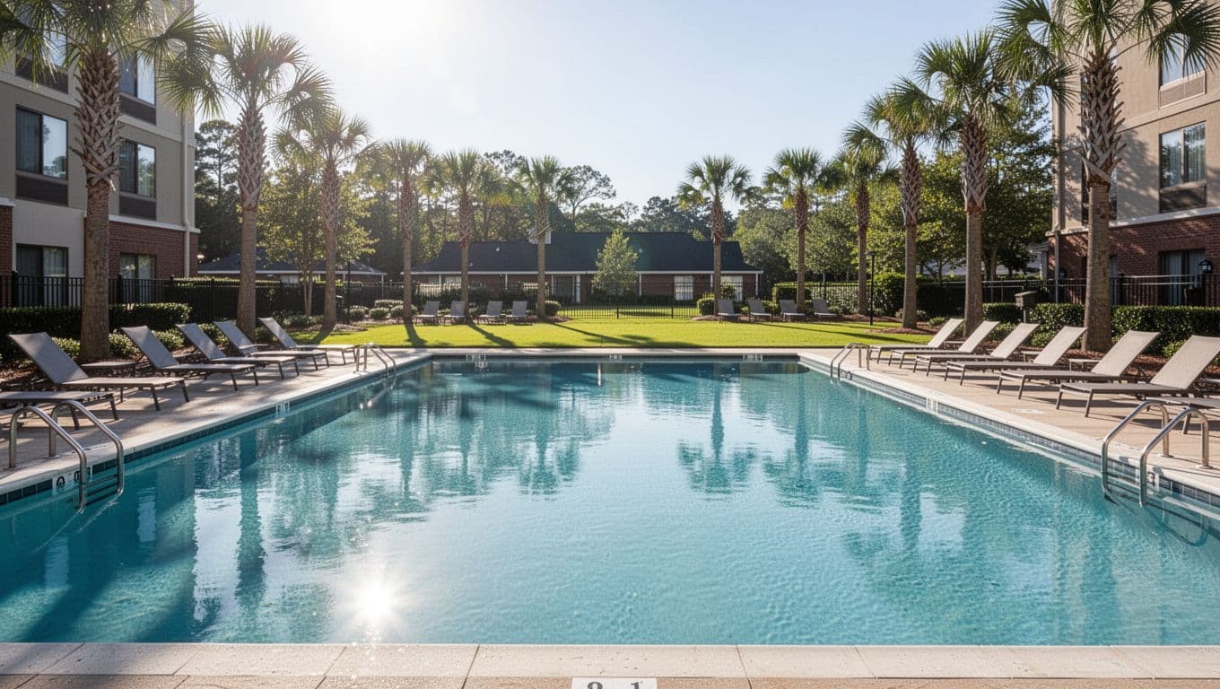 Green top band with 'Dothan Amenities' headline above sunny outdoor pool, lounge chairs, palm trees, and green lawn.