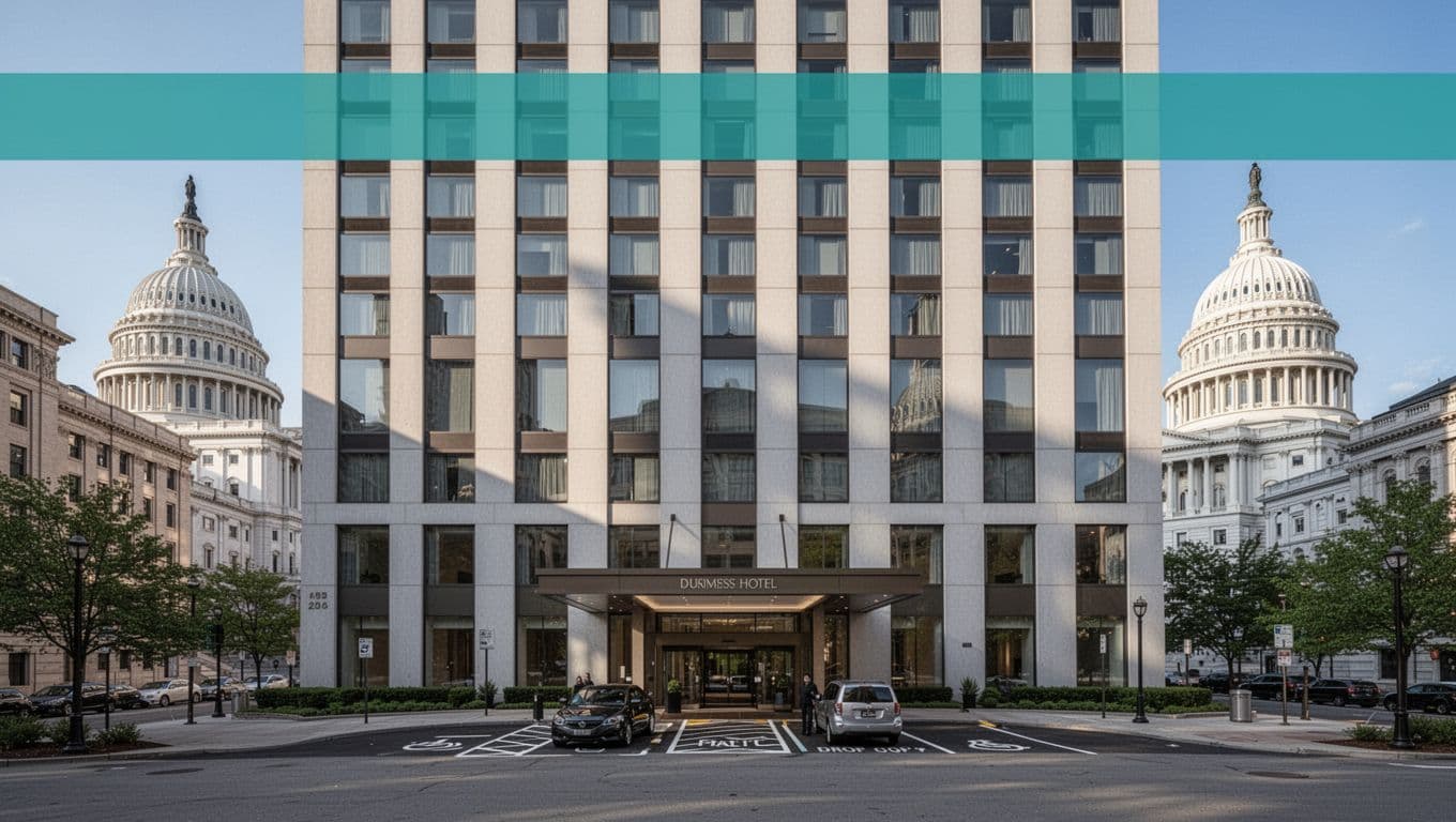 Professional exterior of DoubleTree by Hilton Montgomery Downtown hotel in urban capitol setting, daytime natural lighting on facade and valet entrance, landscape orientation with bold green top band featuring 'Business Hub' headline.