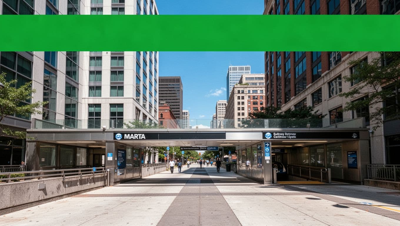 Vibrant daytime street scene in downtown Atlanta focusing on a pedestrian walkway near MARTA station, hotel, and stadium area, with bold green 'EASY ACCESS' band at top emphasizing public transit convenience.