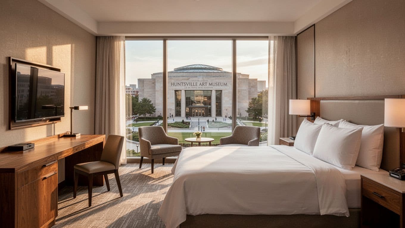 Modern minimalist hotel room interior in downtown Huntsville with large window view to art museum, king bed with crisp white linens, wooden desk, chair, and centered comfortable seating area bathed in soft morning light and warm ambient lighting.
