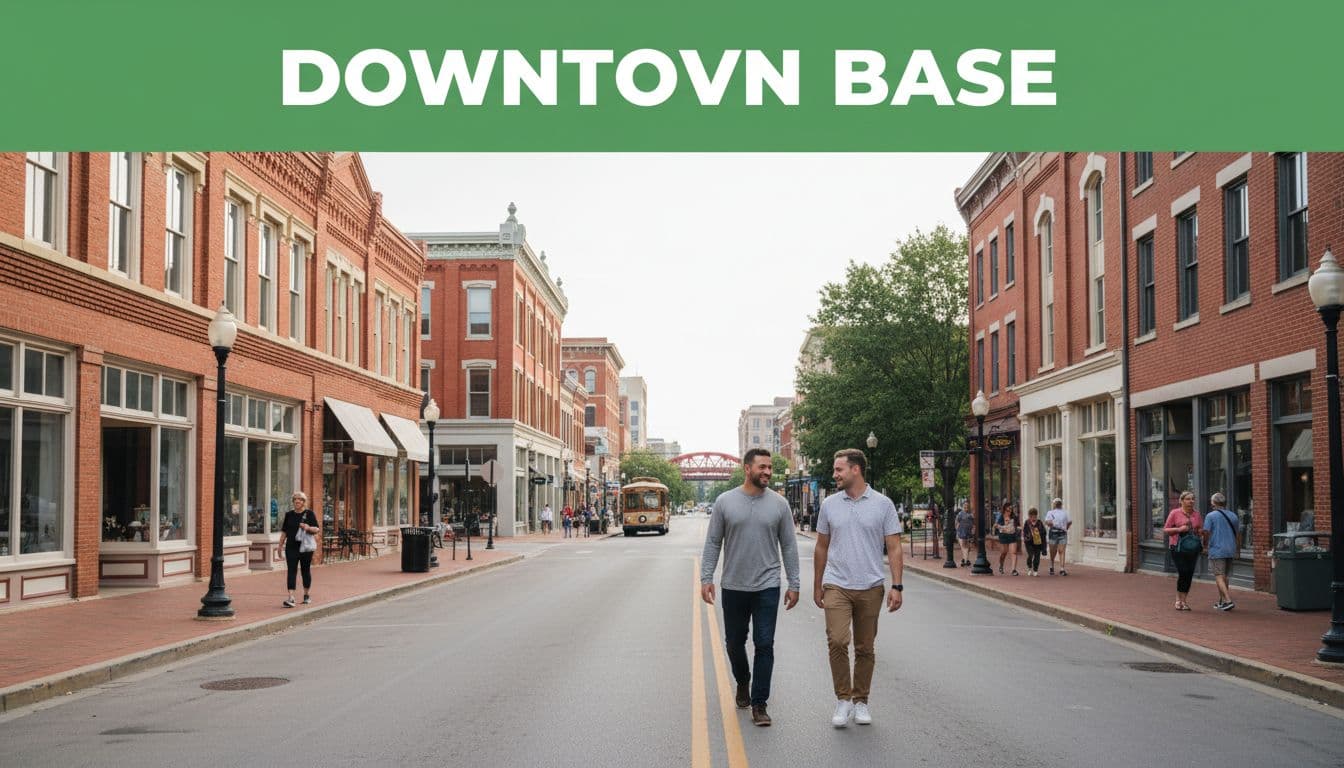 Historic buildings line Huntsville downtown street with Big Spring Park view; green top banner reads 'Downtown Base'; two relaxed pedestrians below.