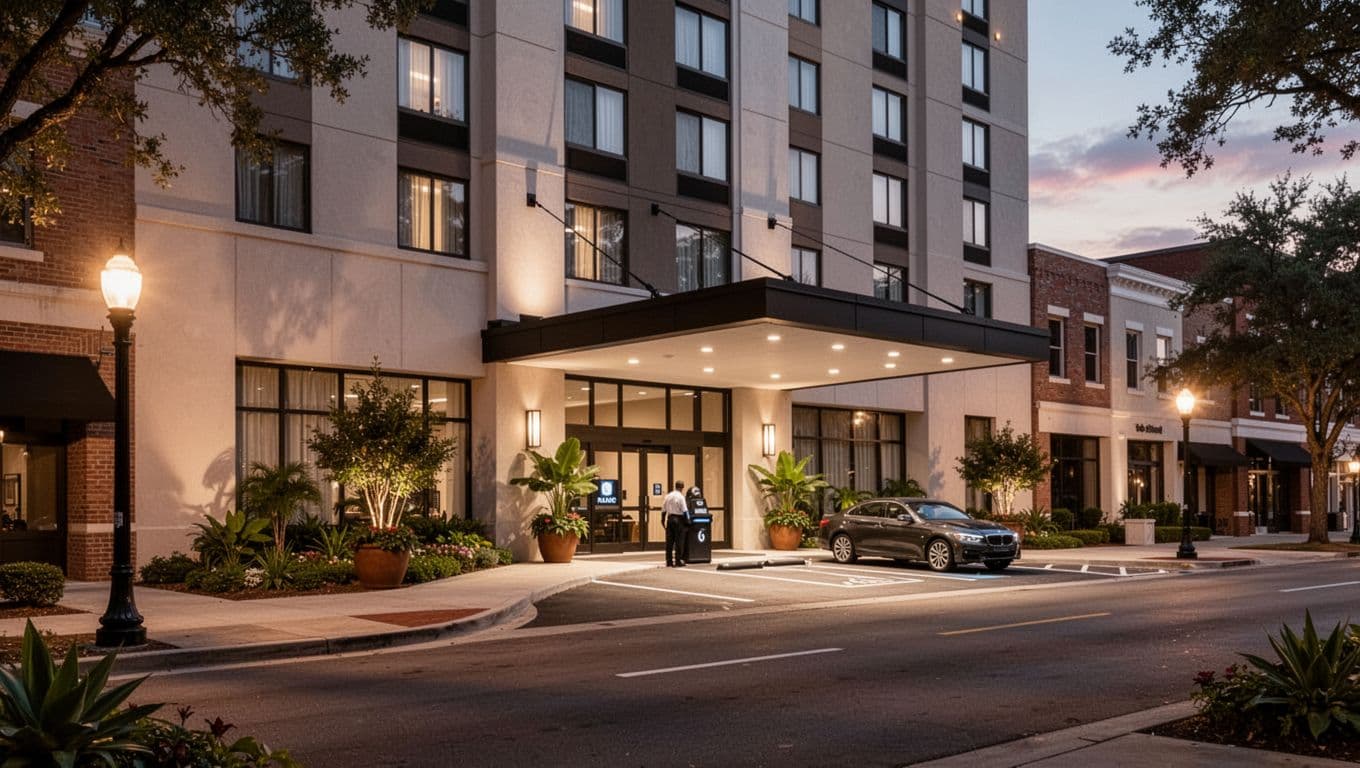 Wide-angle realistic photo of a modern hotel exterior in downtown Montgomery, Alabama at dusk, focusing on the entrance with valet parking area and potted plants, soft warm lighting from street lamps, topped with bold green 'NEARBY STAYS' headline band.