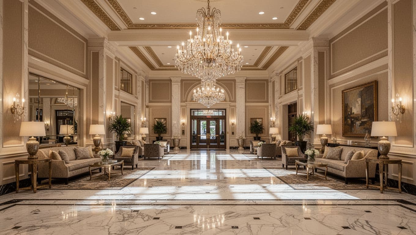 Elegant hotel lobby in downtown Montgomery, Alabama near Legacy Museum, featuring marble floors, plush seating, grand chandelier, high ceilings, and warm ambient lighting in a luxurious gold neutral palette. Realistic photo of upscale welcoming environment with no people, sharp details, landscape aspect ratio.