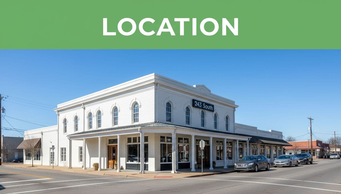 Street view of 243 South restaurant building in downtown Prattville under clear sky, green band with LOCATION headline at top.