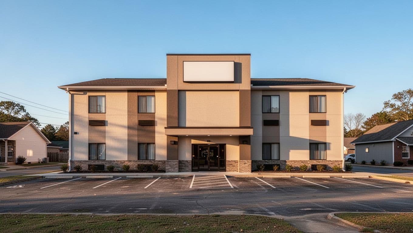 Modern two-story budget hotel exterior in rural Fayette, Alabama, under clear daytime sky with parking lot and bold 'Dragon Inn' sign on green band.