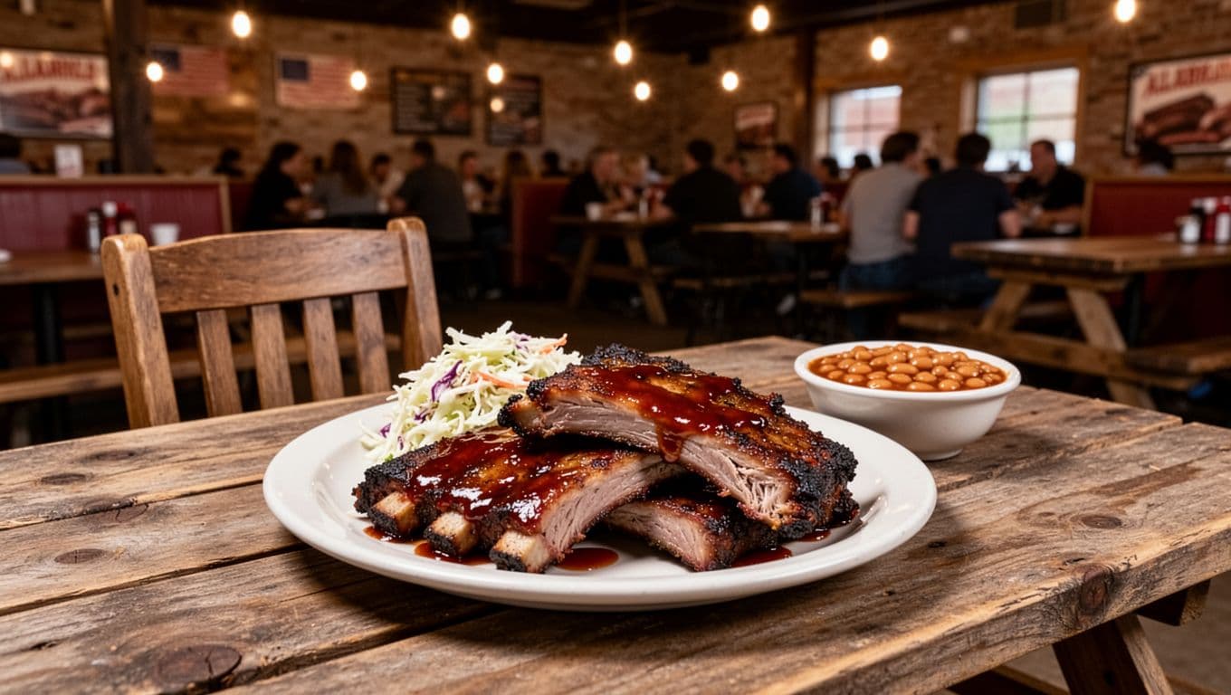 Rustic picnic table in a lively Alabama BBQ restaurant interior loaded with fall-off-the-bone smoked ribs in red sauce, coleslaw, and baked beans under soft warm lighting, featuring bold 'BBQ Icon' headline band.