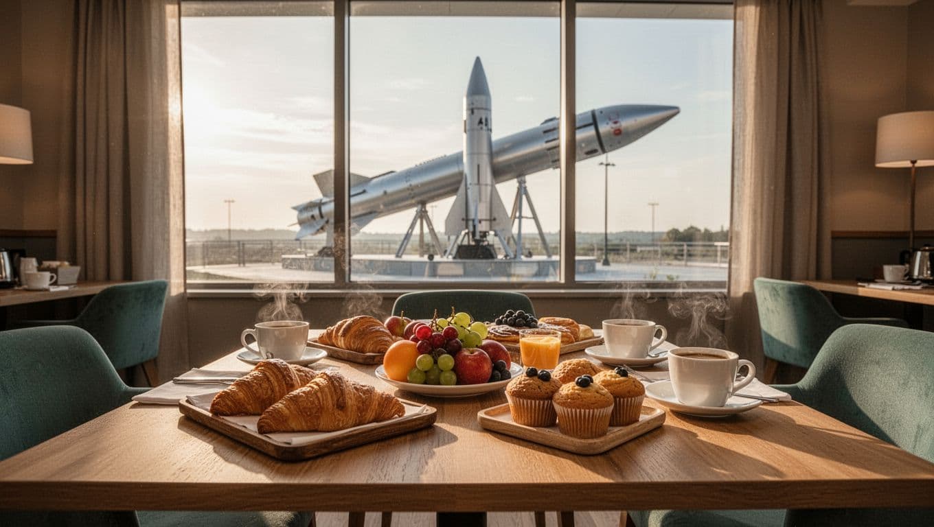 Photorealistic cozy hotel breakfast room at Drury Inn Huntsville near Space & Rocket Center, with tables of food trays and coffee, large windows revealing rocket displays outside in warm morning light.
