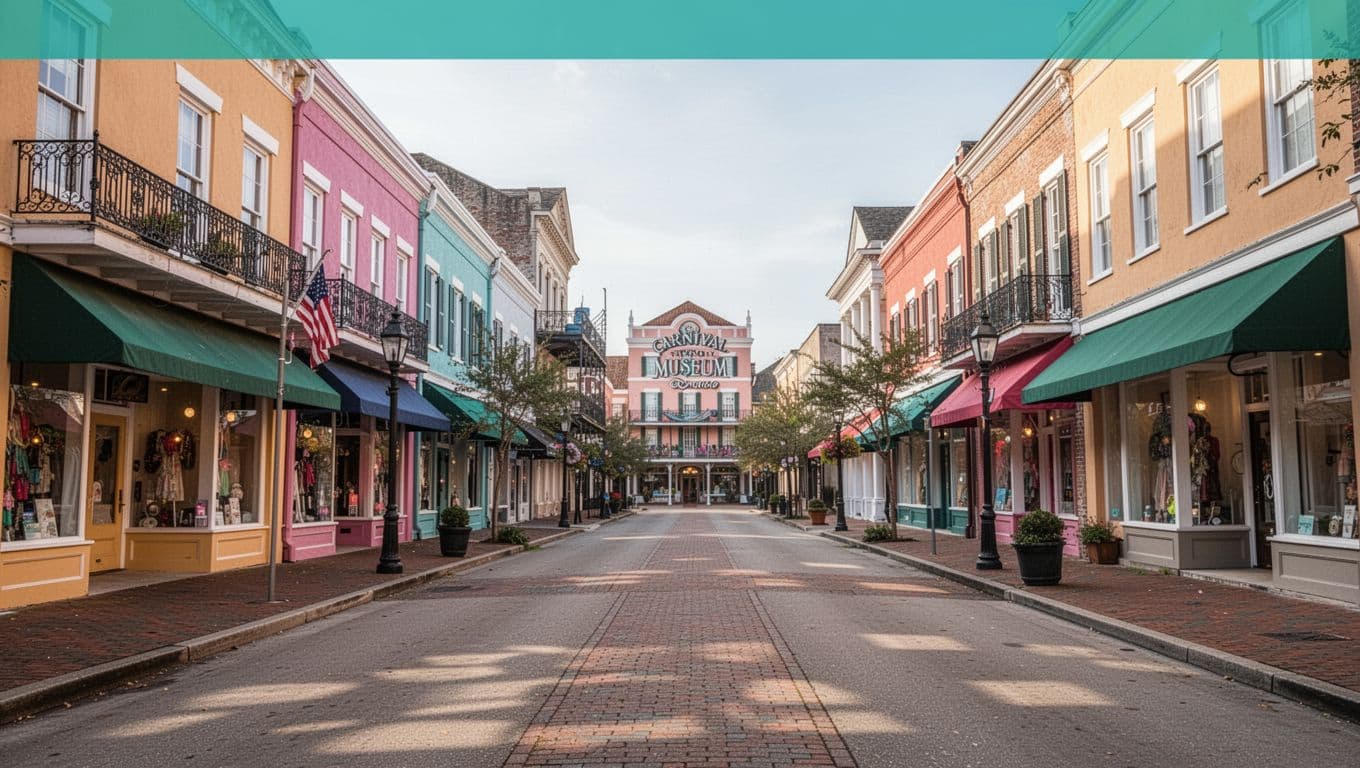 Top green band with bold 'Easy Access' headline over a vibrant daytime street scene in downtown Mobile, Alabama near the Carnival Museum, featuring historic buildings, shops, and restaurants with no people or vehicles.