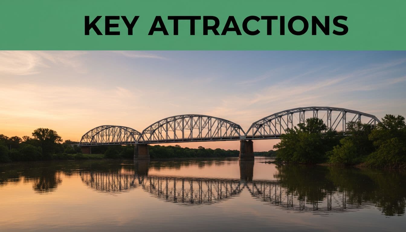 Iconic Edmund Pettus Bridge over the Alabama River in Selma at dusk, with arched truss structure, green trees, river reflections, and golden hour warm lighting in a photorealistic historic style. Features bold 'Key Attractions' headline in high-contrast green band at top.