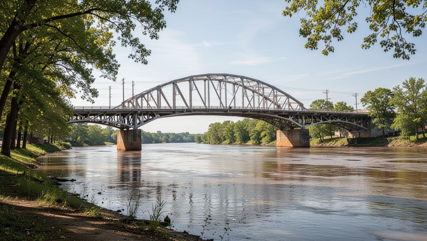 Wide-angle daytime view from the riverbank of the empty Edmund Pettus Bridge spanning the Alabama River in Selma near Valley Grande, with trees, natural sunlight, and soft shadows in realistic photo style. Features a green top band labeled 'Historic Sites'.