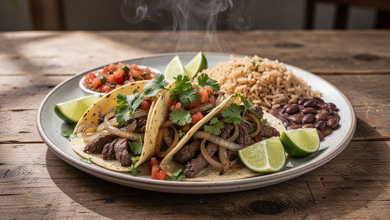 Steaming plate of carne asada tacos with onions, cilantro, lime, salsa, rice, and beans on rustic wooden table under green El Comal band.