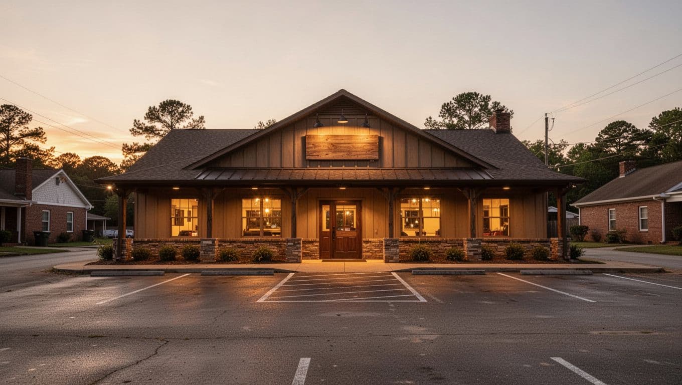 Ranch-style restaurant in rural Alabama at dusk with warm lights and top 'ELBA EATS' banner.