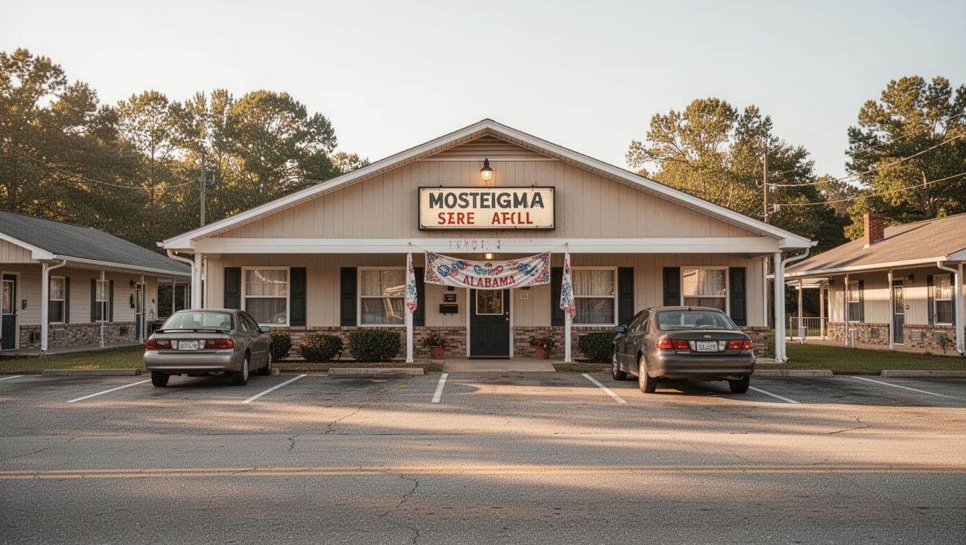 Branded header with 'Elba Motels' over a photorealistic view of a simple roadside motel in rural Alabama, sunny afternoon light, vacancy sign, one parked car, subtle American flag.