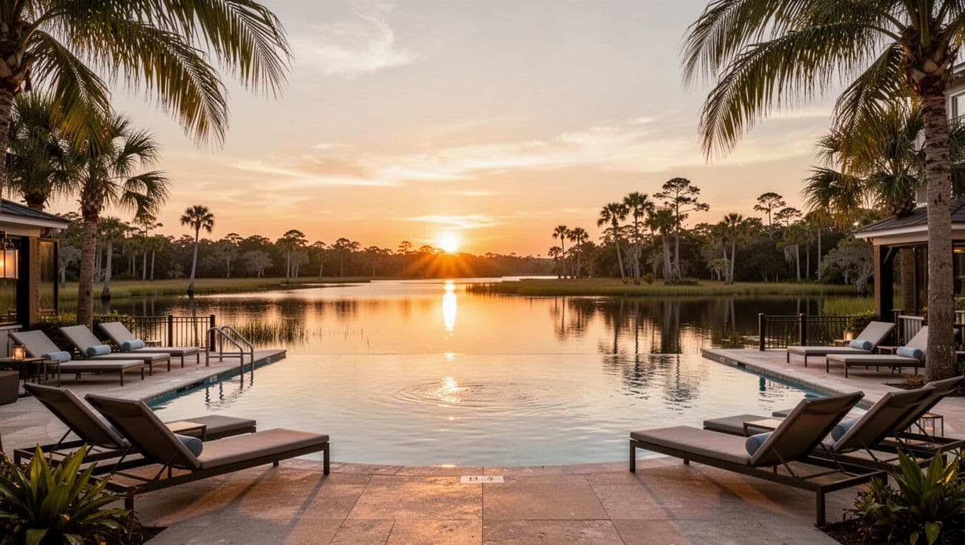 Serene hotel poolside area at golden hour sunset near Mobile Alabama bayou, with lounge chairs, palm accents, and stunning water reflections in a wide landscape composition. Bold 'Amenities Guide' headline in Montserrat Black on edge-to-edge emerald green band at the top.