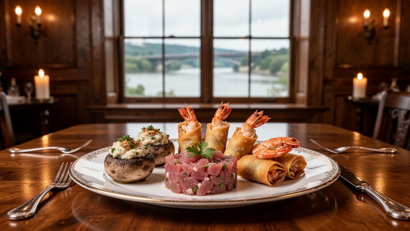 Elegant seafood platter featuring stuffed mushroom caps, crawfish eggrolls, and tuna tartar on fine china, set in a historic wood-paneled dining room with Tennessee River window view. Centered close-up composition with soft bokeh background and warm candlelit ambient lighting in bold editorial style.