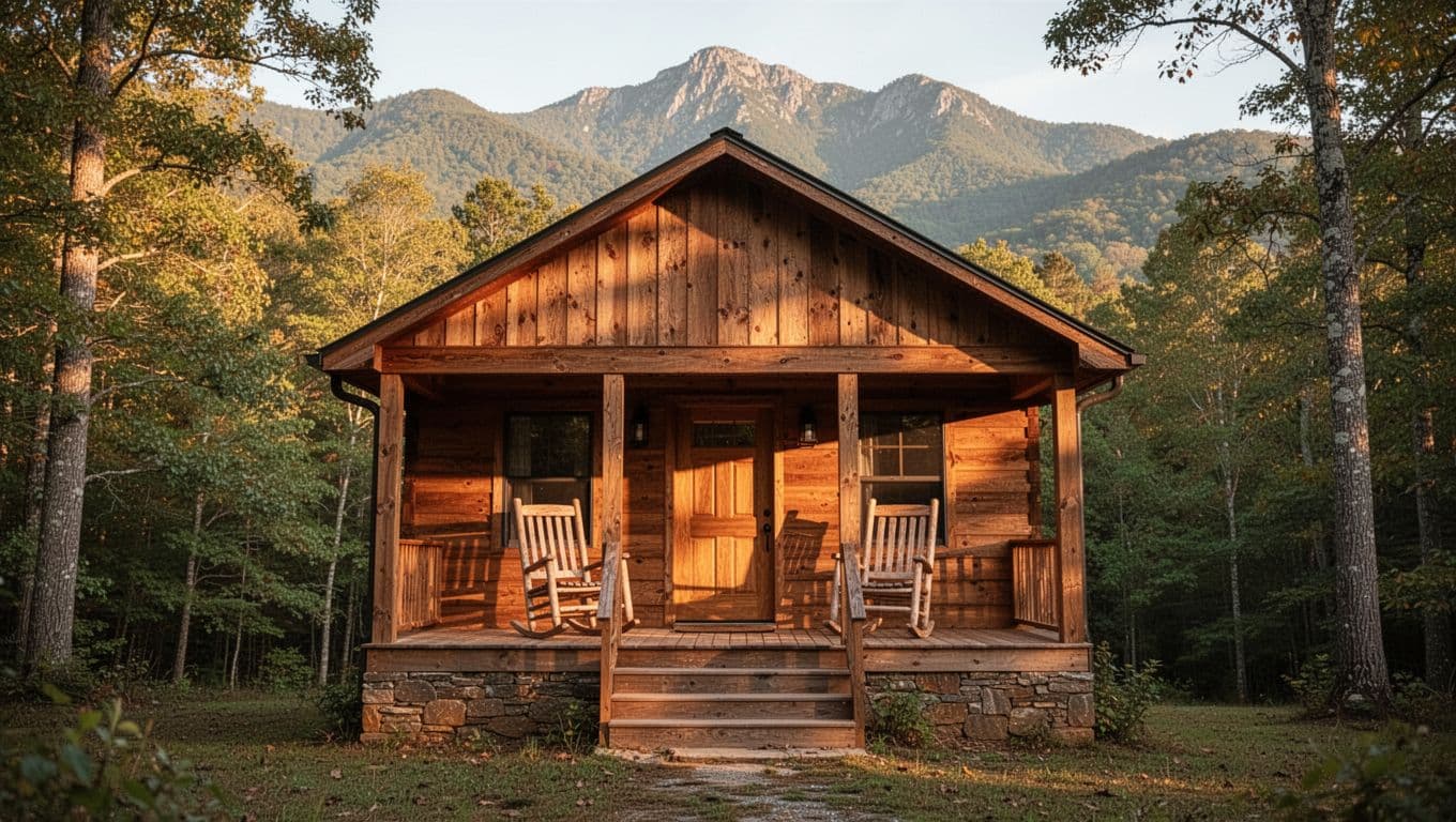 Cozy wooden cabin exterior with mountain views near Ellijay, GA, close to Amicalola Falls, in a forested setting with porch and two rocking chairs. Features bold editorial style green header band with 'Cabin Retreat' headline, golden hour lighting, and soft shadows.