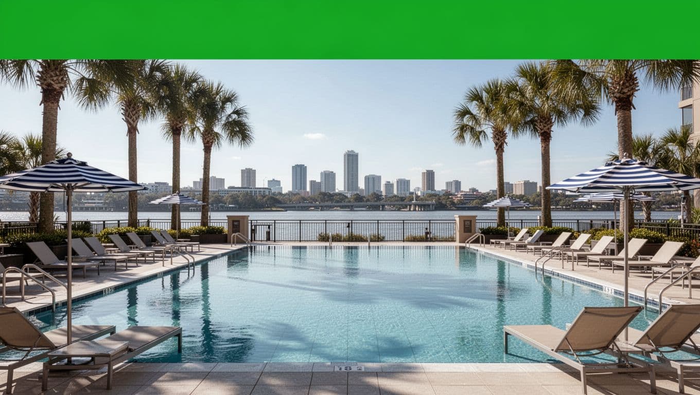 Outdoor hotel pool amenity near Tampa Riverwalk featuring lounge chairs, umbrellas, palm trees, and city skyline background with calm blue water, empty and inviting under bright daytime natural lighting.