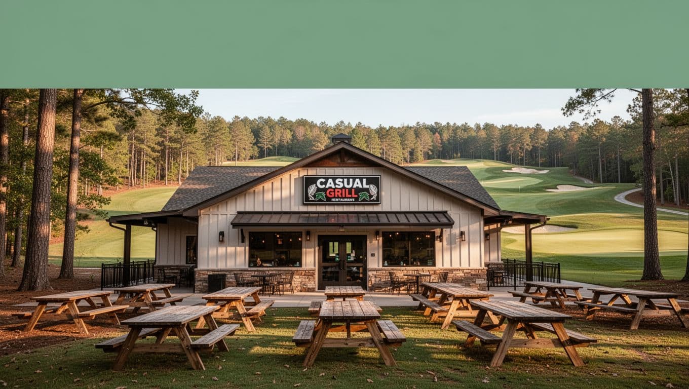 Green header band with Emerald Eats above sunny golf club grill exterior, picnic tables in Alabama woods and rolling hills.