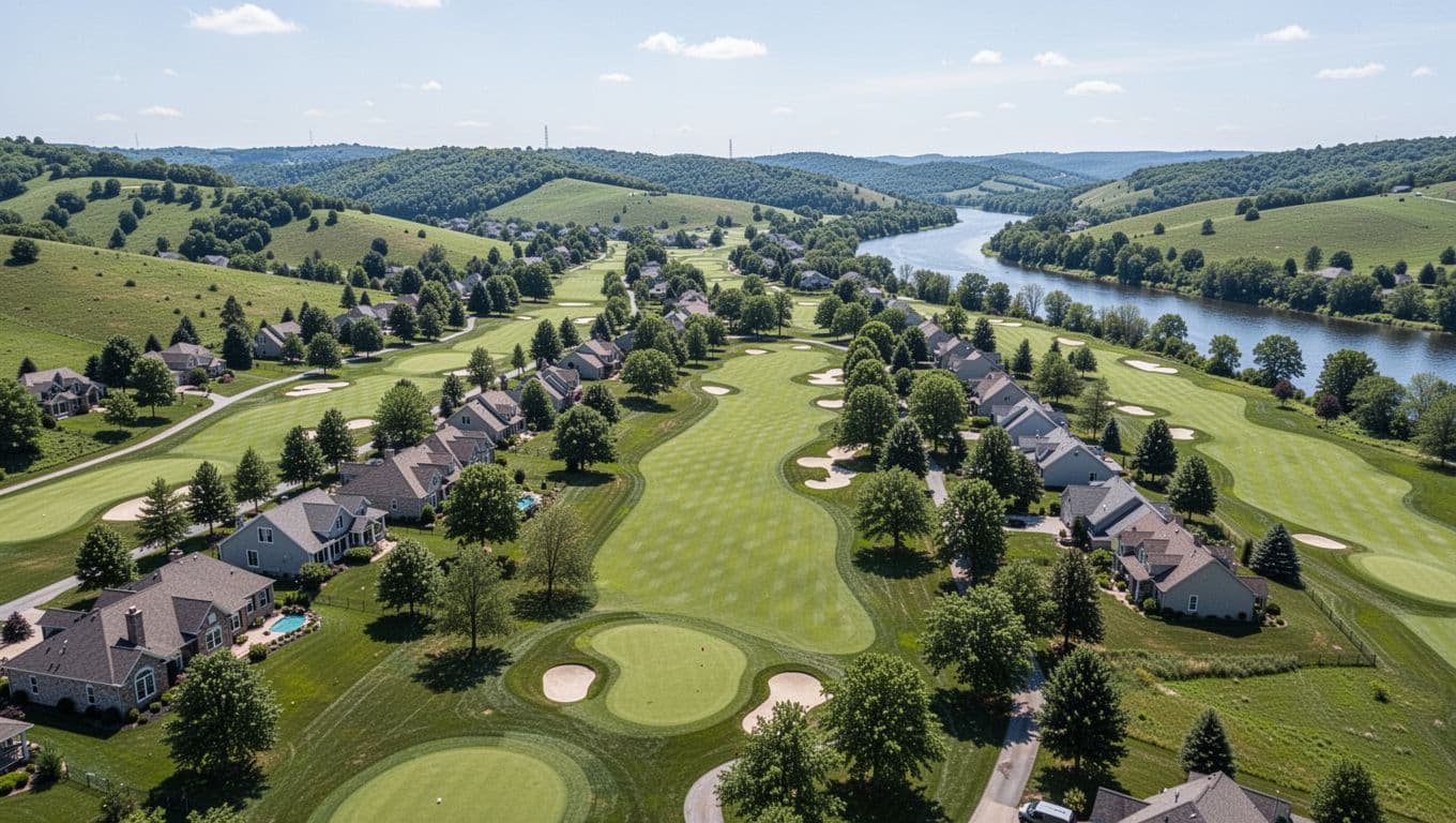 Scenic aerial view of Emerald Mountain Alabama community with rolling green hills, golf course fairways, scattered homes and trees, distant river, and clear blue sky. Features bold 'Discover Emerald' headline on green band.