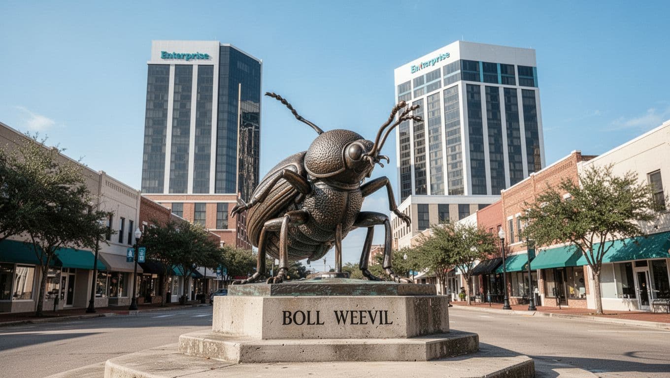 Downtown Enterprise Alabama with Boll Weevil Monument in foreground, modern hotels in background, clear daytime sky, wide landscape realistic photo. Bold 'Top Hotels' headline in green band at top.