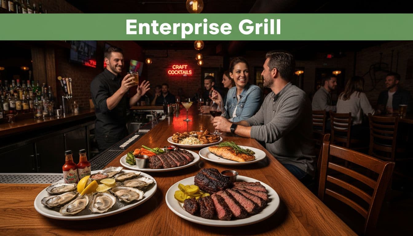 Green banner 'Enterprise Grill' over bar counter with oysters, ribeye, brisket, salmon platters; two couples chat over drinks in neon-lit interior.