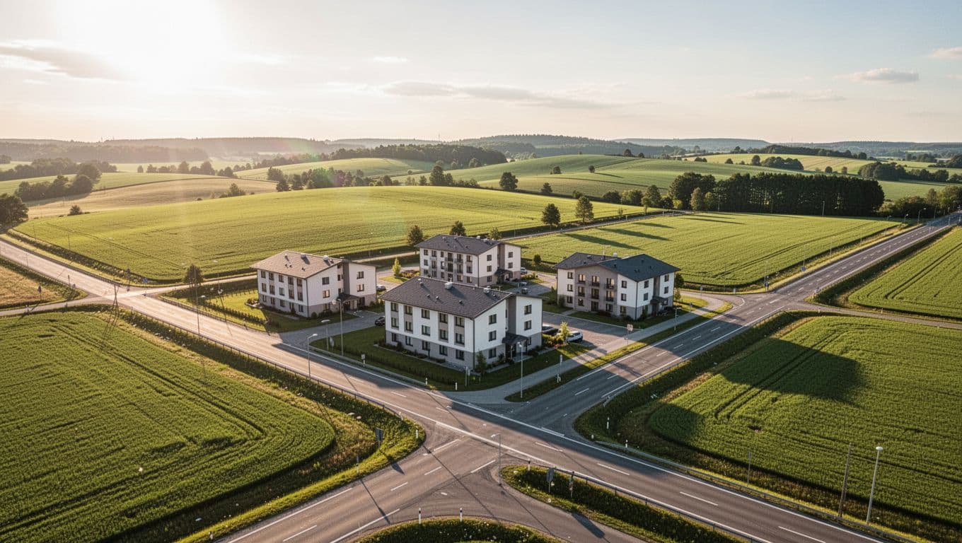 Photorealistic aerial landscape of exactly three hotels clustered near highway in Enterprise Alabama, surrounded by green fields on a sunny day with warm lighting. Bold 'Hotel Picks' headline in green band across the top in clean sans-serif typography.