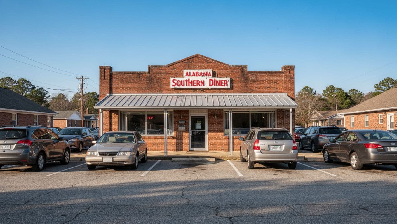 Small brick Southern diner exterior in Alabama town with parked cars, blue sky, green top band, and Eufaula Dining headline.