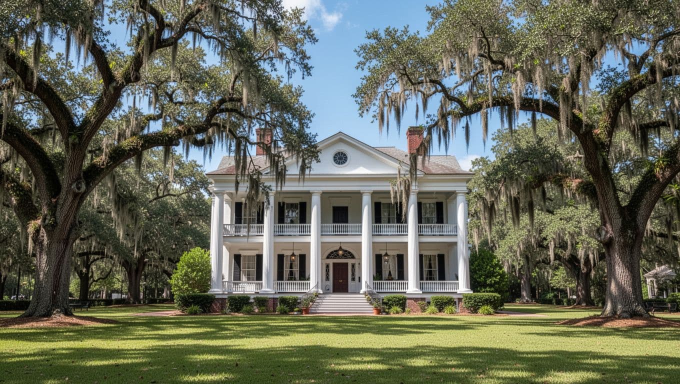 Classic antebellum mansion exterior like Eufaula House with white columned porch, symmetrical facade, large oaks draped in Spanish moss on green lawn under clear blue sky. Bold 'Historic Stay' headline on green band at top in realistic photography style.