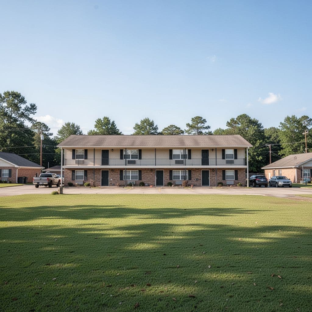 Branded top banner for Eutaw Hotels above a simple two-story budget motel exterior in rural Alabama on a sunny day, featuring an American flag, parked cars, green lawns, and clear blue sky.