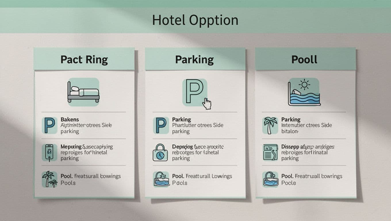 Compact side-by-side table comparing three hotel options using modern icons for bed, parking, and pool in a clean minimalist design on a neutral background with #22C55E accents and 'Amenities Guide' title.