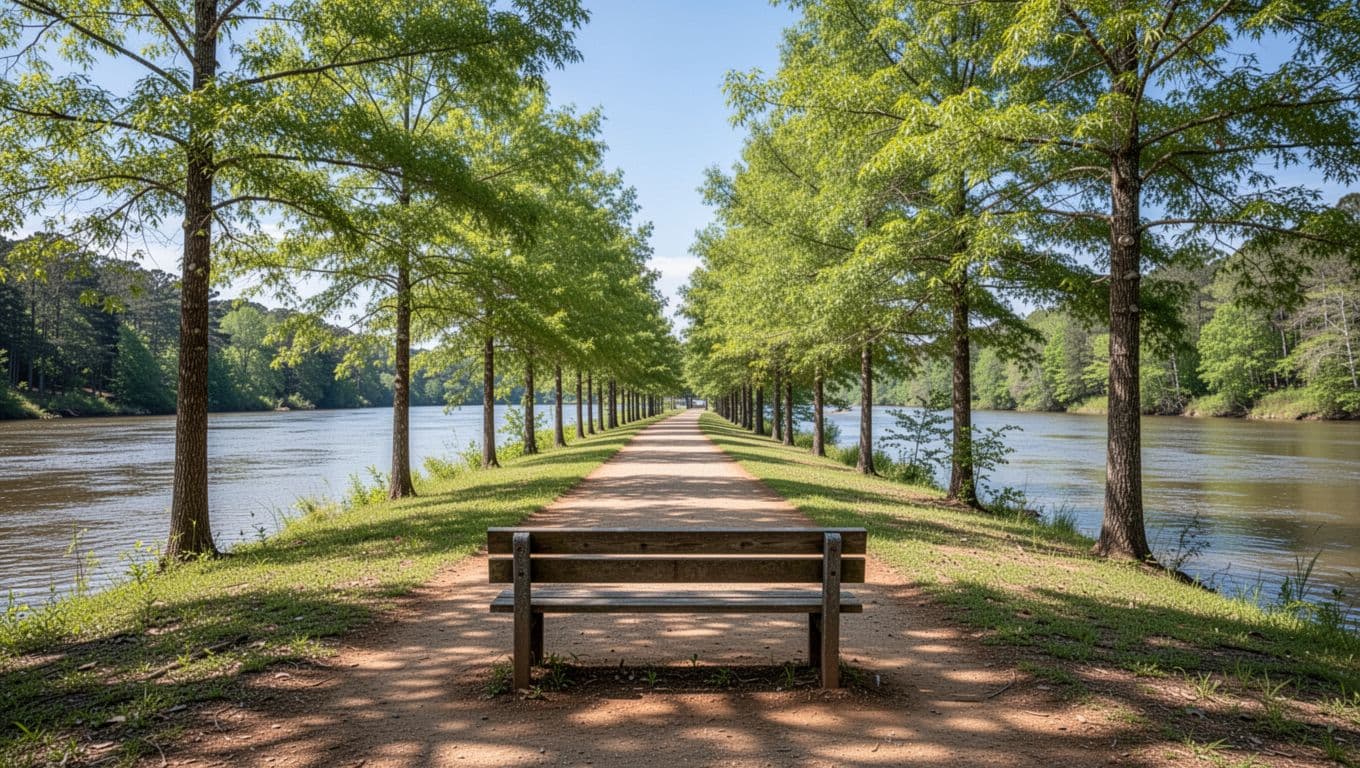 Scenic daytime view of a quiet riverside park trail in Chickasaw, Alabama, with green trees, calm water, foreground bench, and clear blue sky, branded with bold 'Explore Nearby' headline on green band.