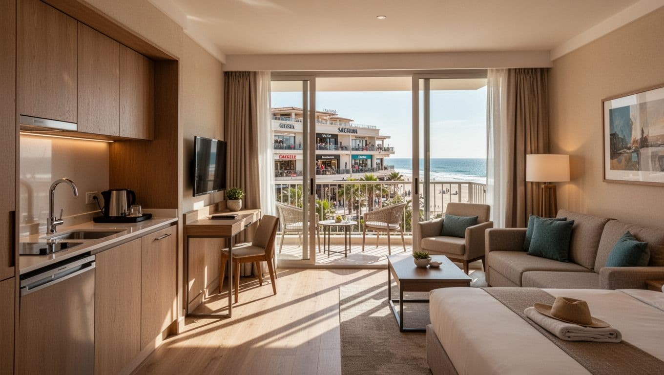 Spacious hotel suite interior with kitchenette, balcony view of Pier Park shops and beach, and modern decor in natural daylight with warm tones. Exactly one room, no people, simple composition in realistic photo style.